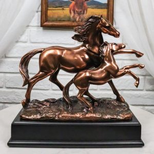 Rustic Western 2 Running Mother And Foal Equine Horses In Bronzed Resin Statue