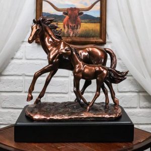 Rustic Western 2 Strolling Mare And Foal Equine Horses In Bronzed Resin Statue