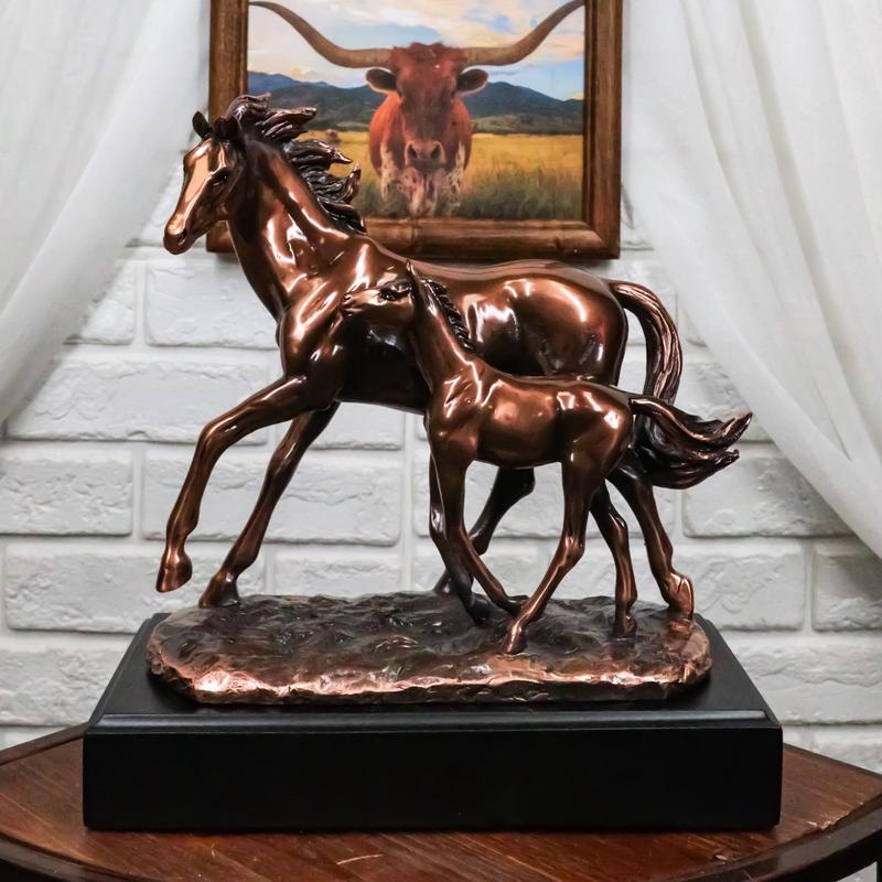 Rustic Western 2 Strolling Mare And Foal Equine Horses In Bronzed Resin Statue