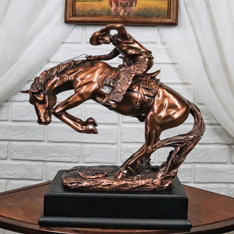 Rustic Western Rodeo Cowboy On A Rearing Horse Bronzed Resin Statue