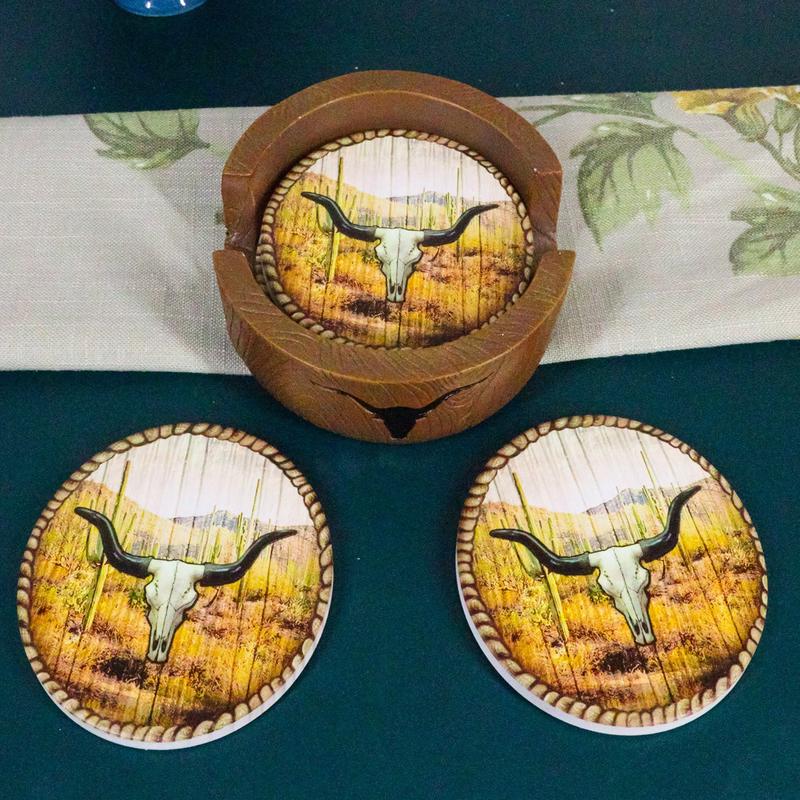 Rustic Western Rodeo Roundup Longhorn Cow Skull Ropes Faux Wooden Coaster Set