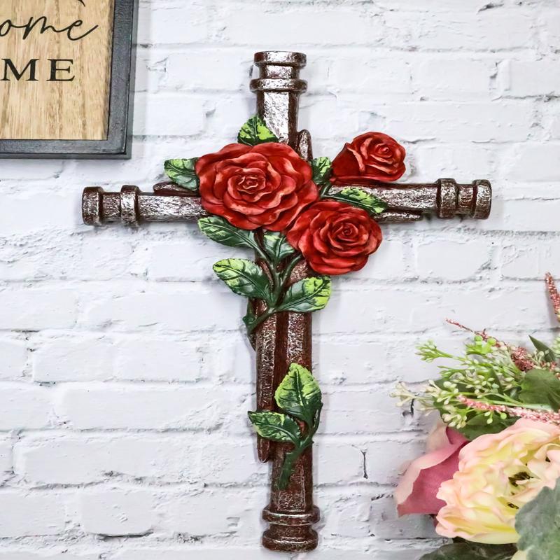 Rustic Western Romantic Red Roses Vine Roman Spike Nails Decorative Wall Cross