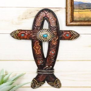 Rustic Western Turquoise Gem Concho Tooled Leather Belt Ichthys Fish Wall Cross