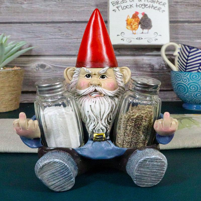 Salty Rude Mr Gnome Flipping The Bird Bugger Off Salt And Pepper Shakers Holder