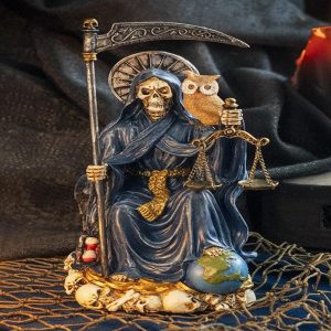 Seated Blue Santa Muerte With Scythe Scales of Justice And Wise Owl Figurine 9"H