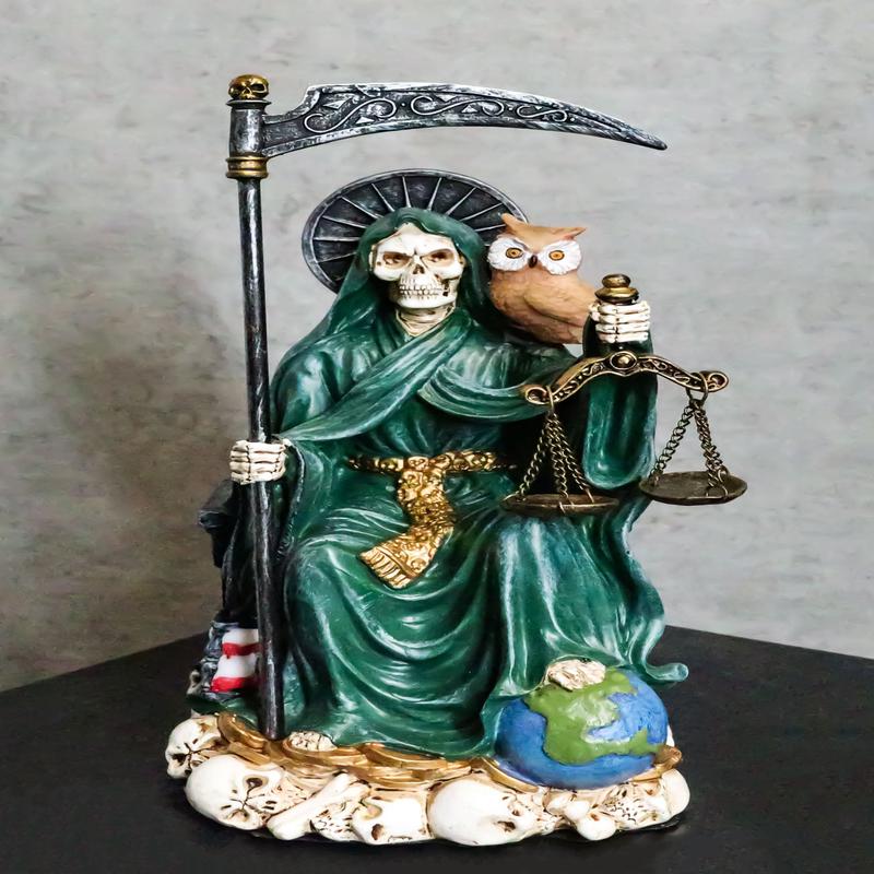 Seated Green Santa Muerte With Scythe Scales of Justice And Wise Owl Figurine 9"