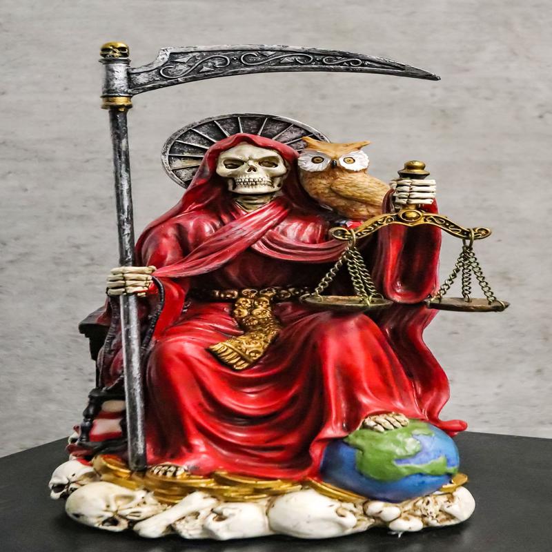 Seated Red Santa Muerte With Scythe Scales of Justice And Wise Owl Figurine 9"H