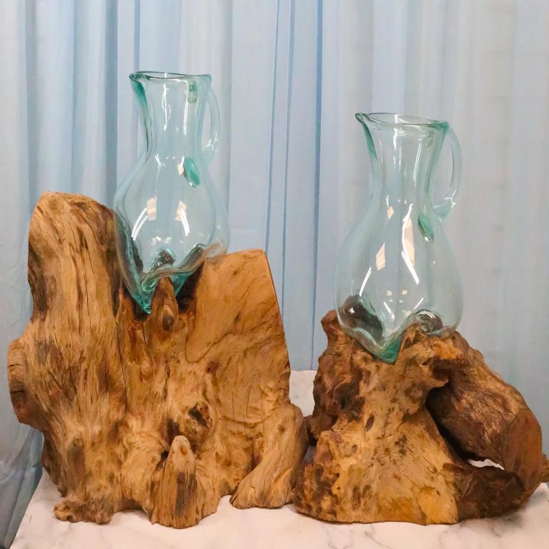 Set Of 2 Balinese Natural Gamal Wood Driftwood With Molten Glass Water Jugs