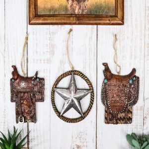 Set of 3 Rustic Western Star Ropes Circle Tooled Leather Horse Saddles Ornaments
