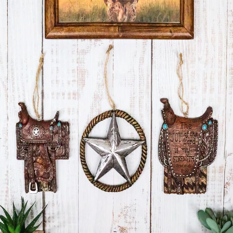 Set of 3 Rustic Western Star Ropes Circle Tooled Leather Horse Saddles Ornaments