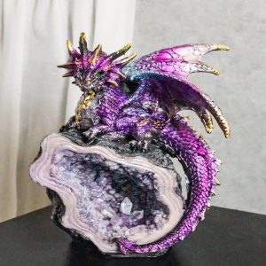 Space Purple Iridescent Dragon On Faux Geode Rock Quartz Crystal Cove Figurine
