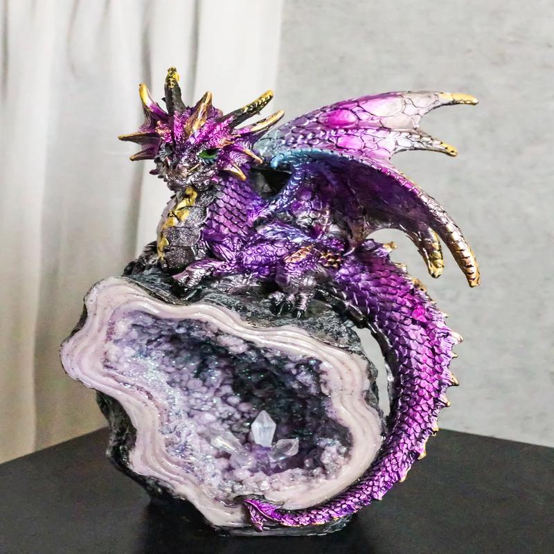 Space Purple Iridescent Dragon On Faux Geode Rock Quartz Crystal Cove Figurine