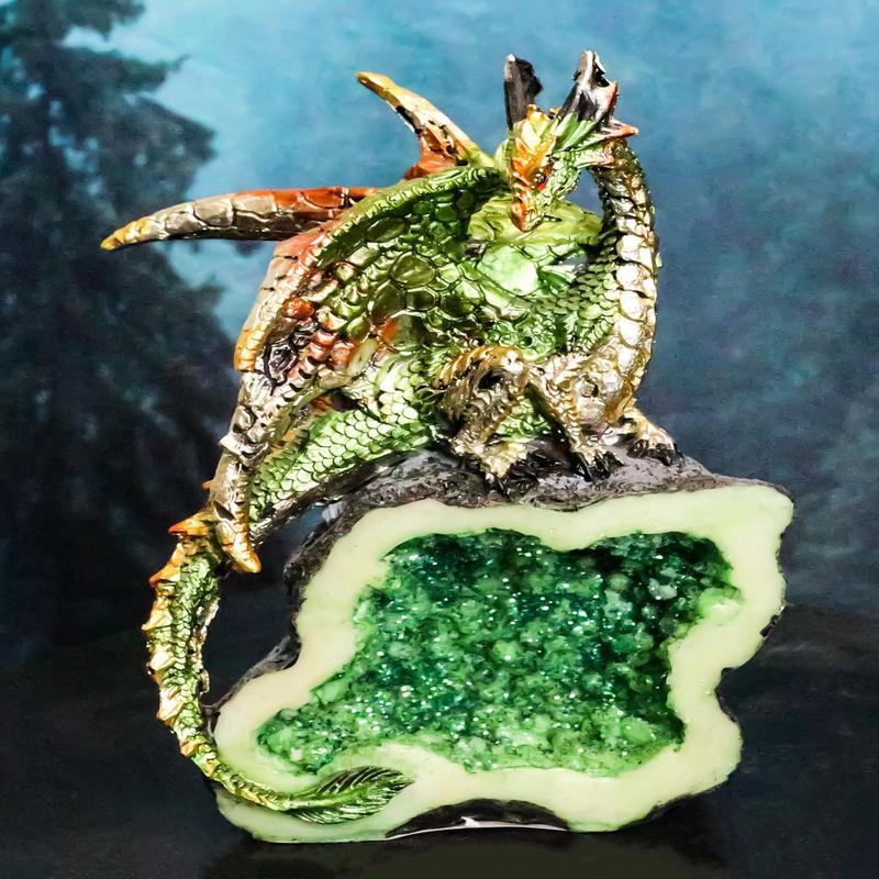 Terra Green Iridescent Dragon On Faux Geode Rock Quartz Crystal Cove Figurine