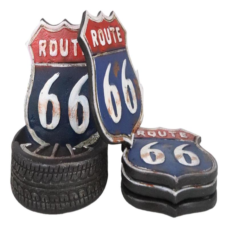 Vintage Classic Road Trip Iconic Route 66 Highway Sign Truck Tire Coaster Set