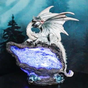 White Dragon On Colorful LED Quartz Faux Geode Rock Stalactite Cove Figurine