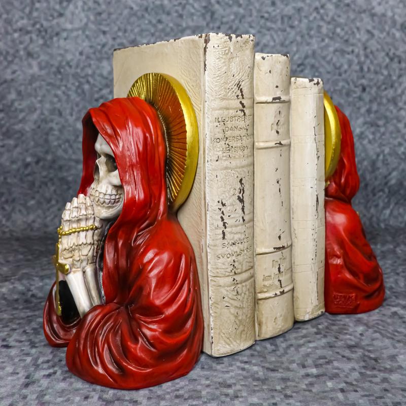 Day of The Dead Gothic Red Santa Muerte With Gold Halo Rosary Cross Bookends Set