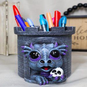 Fantasy Baby Dragon Wyrmling Holding Skull In Castle Tower Stationery Pen Holder