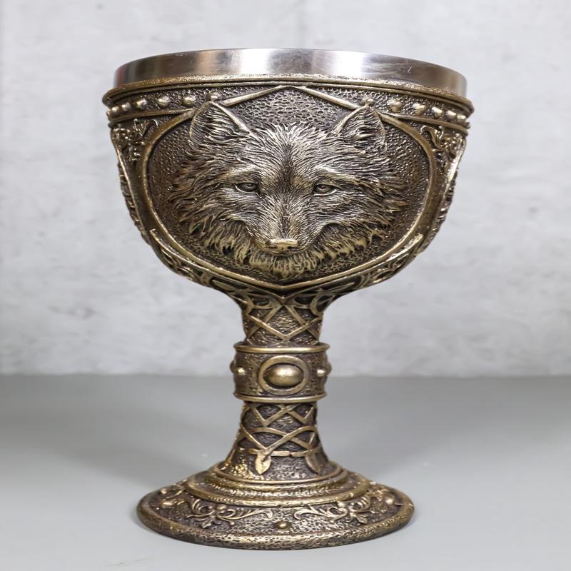 Faux Bronze Alpha Gray Wolf Celtic Tribal Knotwork Wine Chalice Goblet Cup
