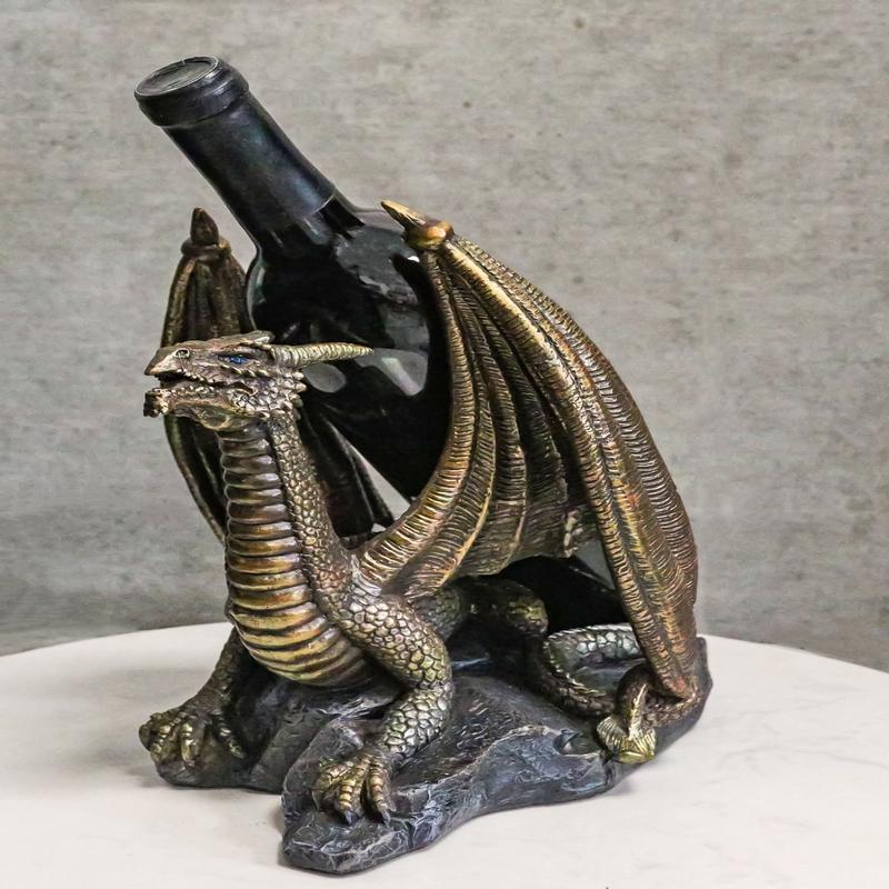 Faux Bronze Giant Serpent Dragon Standing On Volcanic Rock Wine Holder Sculpture