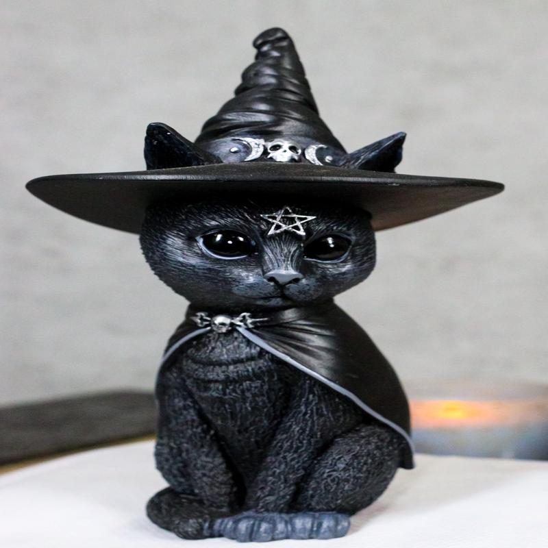 Gothic Fiends Pentagram Black Cat With Triple Moon Witch Hat And Cape Figurine