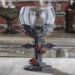 Gothic Macabre Flying Bat Cathedric Cross With Red Gems And Roses Wine Goblet