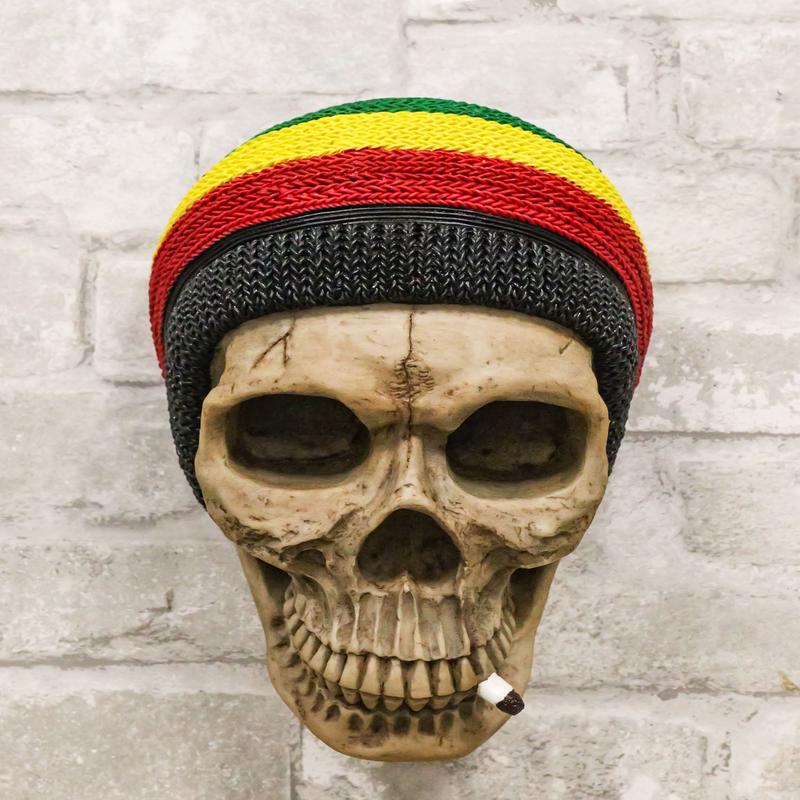 Gypsy Day of The Dead Rasta Skull With Beanie Hat Smoking Stash Wall Decor