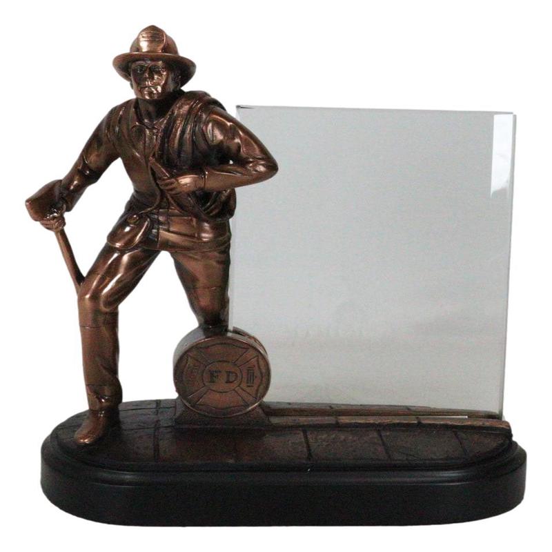 Heroic Fire Fighter Fireman With Axe And Hose 6"X4" Glass Picture Frame Figurine