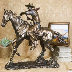 Large 21"Long Cowboy With Pistol On Horse Figurine Faux Bronze Resin Statue