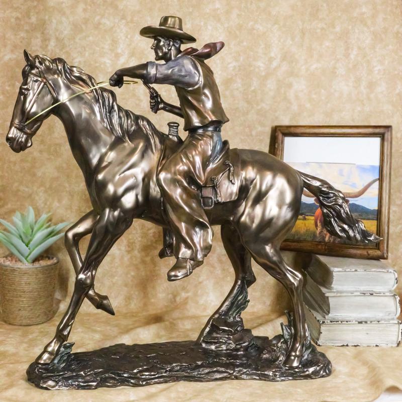 Large 21"Long Cowboy With Pistol On Horse Figurine Faux Bronze Resin Statue