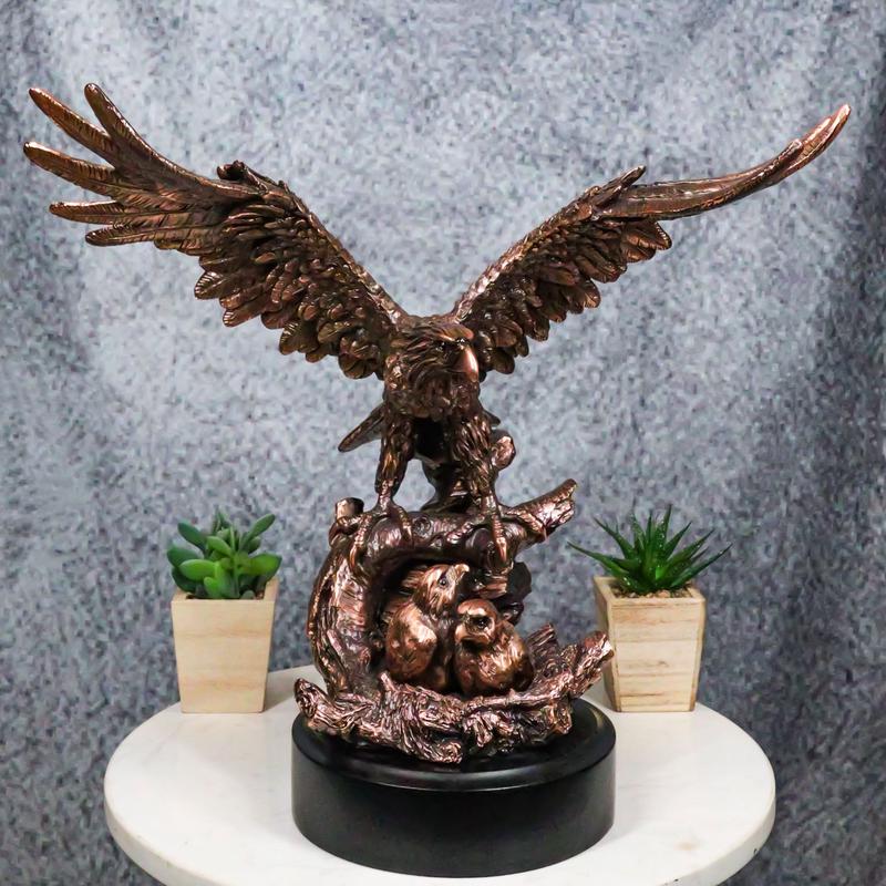 Majestic Bald Eagle Mother Spreading Her Wings Over Her Chick Bronzed Figurine
