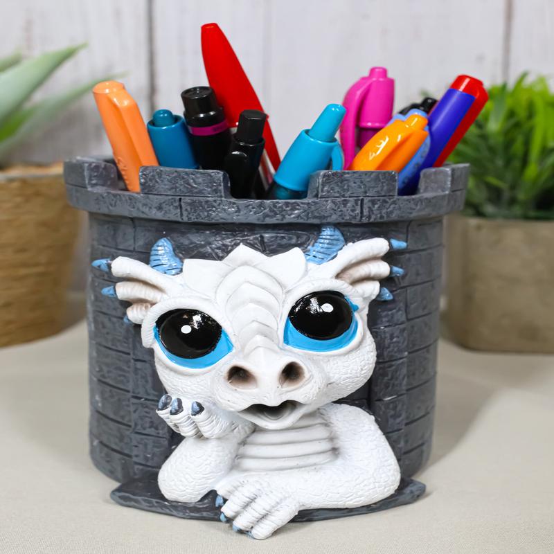 Medieval Fantasy Whimsical White Wyrmling Dragon In Castle Tower Pen Holder