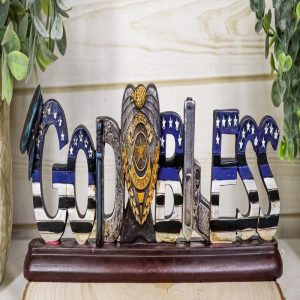 Men In Blue Police Officer God Bless Cop Badge Gun Baton Hat Word Art Figurine