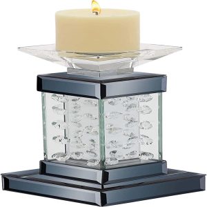 Modern Chic Beveled Floating Crystals Glass and Metal Pillar Candle Holder 11"H