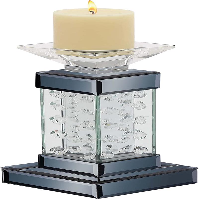 Modern Chic Beveled Floating Crystals Glass and Metal Pillar Candle Holder 11"H