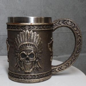 Native Indian Chief With Headdress Roach Skull And Crossed Axes Coffee Mug Cup
