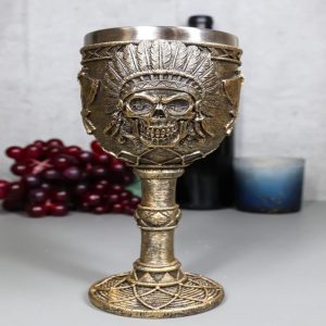 Native Indian Tribal Chief Skull With Roach Headdress And Axes Wine Goblet