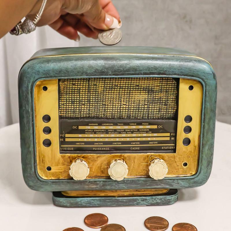 Novelty Vintage Retro Blue Antique Radio Player Money Coin Savings Piggy Bank