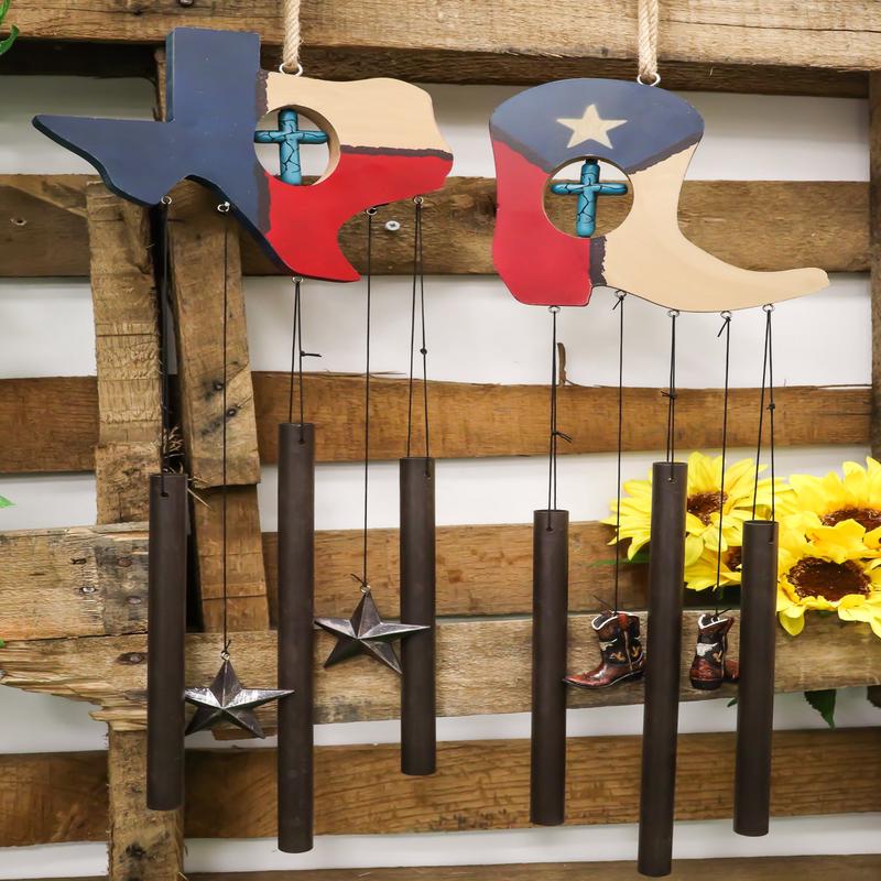 Pack of 2 Western Star Texas State Flag Cowboy Boot Turquoise Cross Wind Chimes