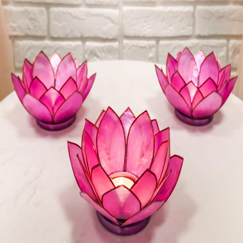 Pack Of 3 Coral Pink Seashells Lotus Flower Votive Tea Light Candle Holders