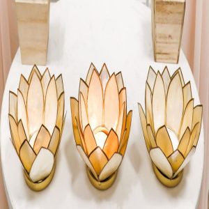 Pack Of 3 Seashells Lotus Flower Yellow Gold Votive Tea Light Candle Holders