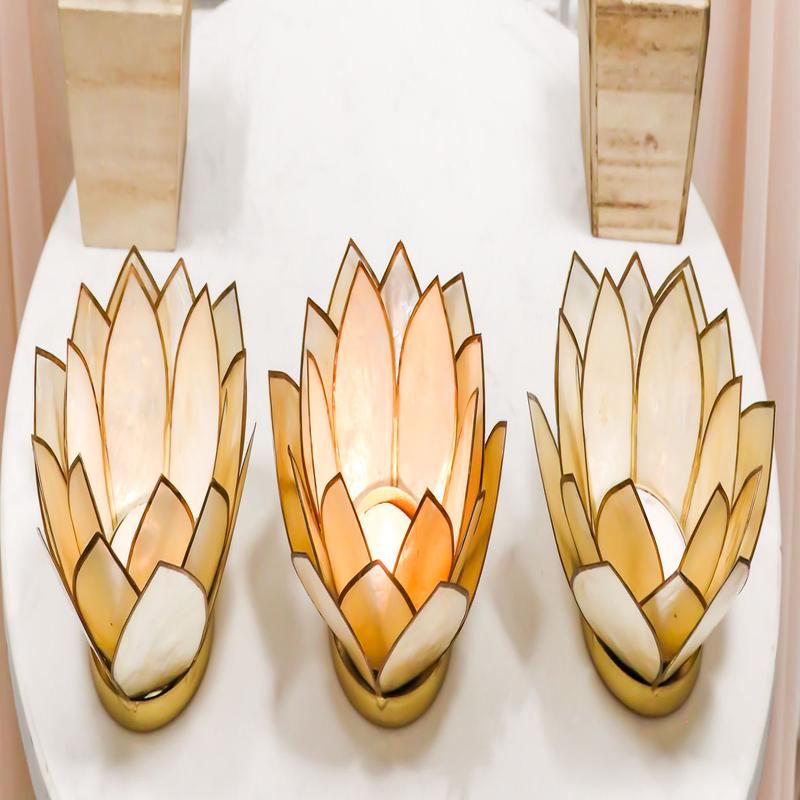Pack Of 3 Seashells Lotus Flower Yellow Gold Votive Tea Light Candle Holders