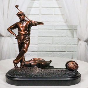 Professional Golfer With Golf Club Caddy Bag Glass Picture Frame Bronzed Statue