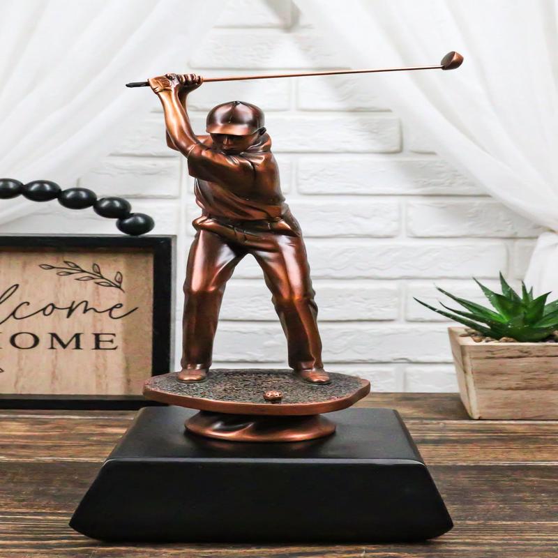 Professional Lady Golfer Swinging Golf Club On A Tee Bronze Electroplated Statue