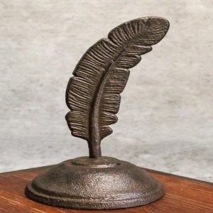 Rustic Cast Iron Brutalist Indian Eagle Feather On Ink Base Paperweight Figurine