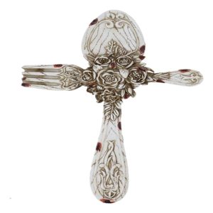 Rustic Vintage Faux Distressed Wood Spoon And Fork Tooled Flowers Wall Cross