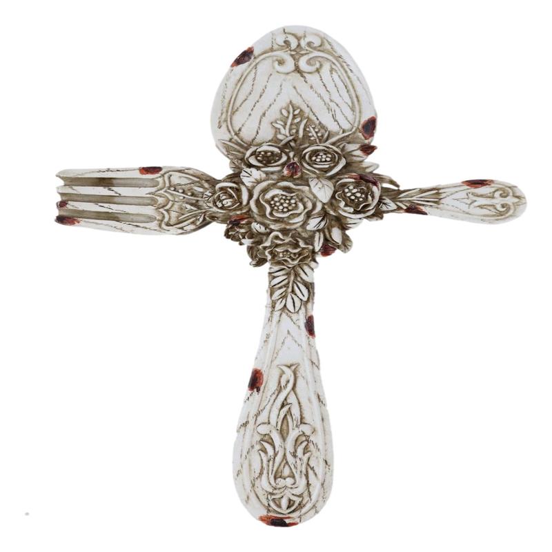 Rustic Vintage Faux Distressed Wood Spoon And Fork Tooled Flowers Wall Cross