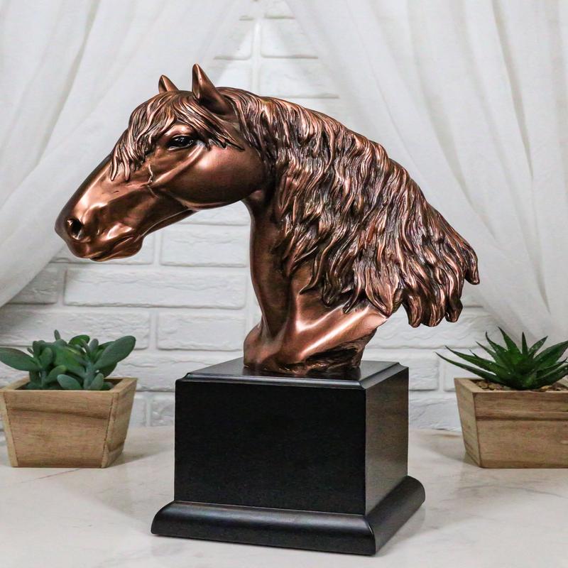 Rustic Western Country Horse Head Bust Figurine In Bronze Electroplated Finish