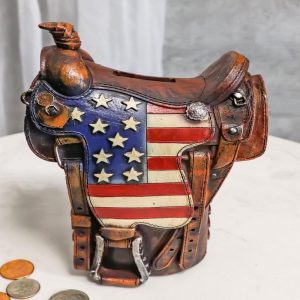 Rustic Western Cowboy Horse American Flag Saddle Money Coin Savings Piggy Bank