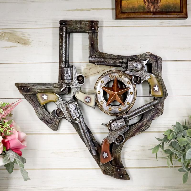 Rustic Western Lone Star Texas Map 4 Cowboy Revolver Guns With Ropes Wall Decor