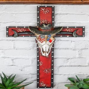 Rustic Western Patriotic Longhorn Cow Skull With USA Texas Flags Hat Wall Cross